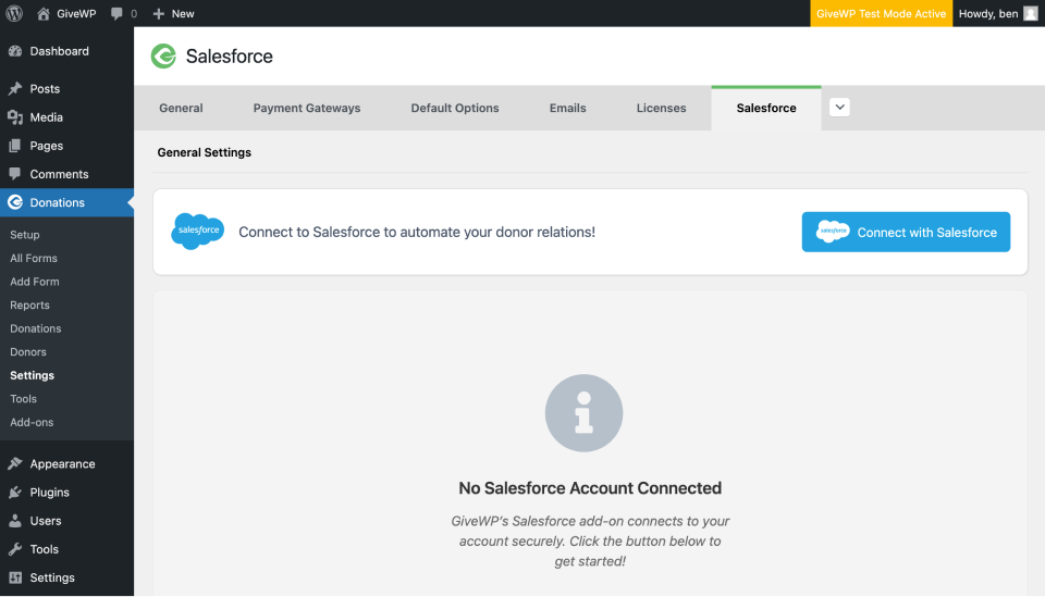 Screenshot of the page before connecting to the Salesforce account. 