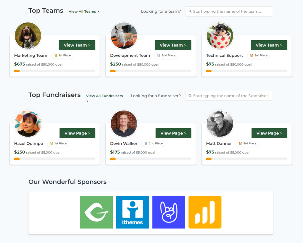 Peer-to-peer fundraising pages show top fundraisers, top teams, and sponsors, if you choose to have those. 
