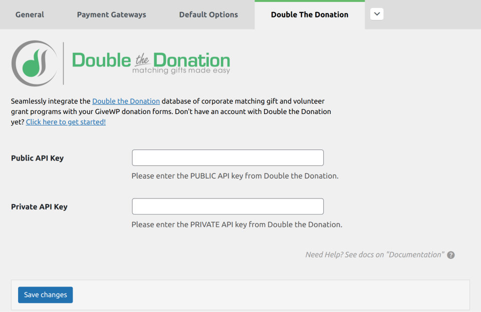 api key fields for give - double the donation