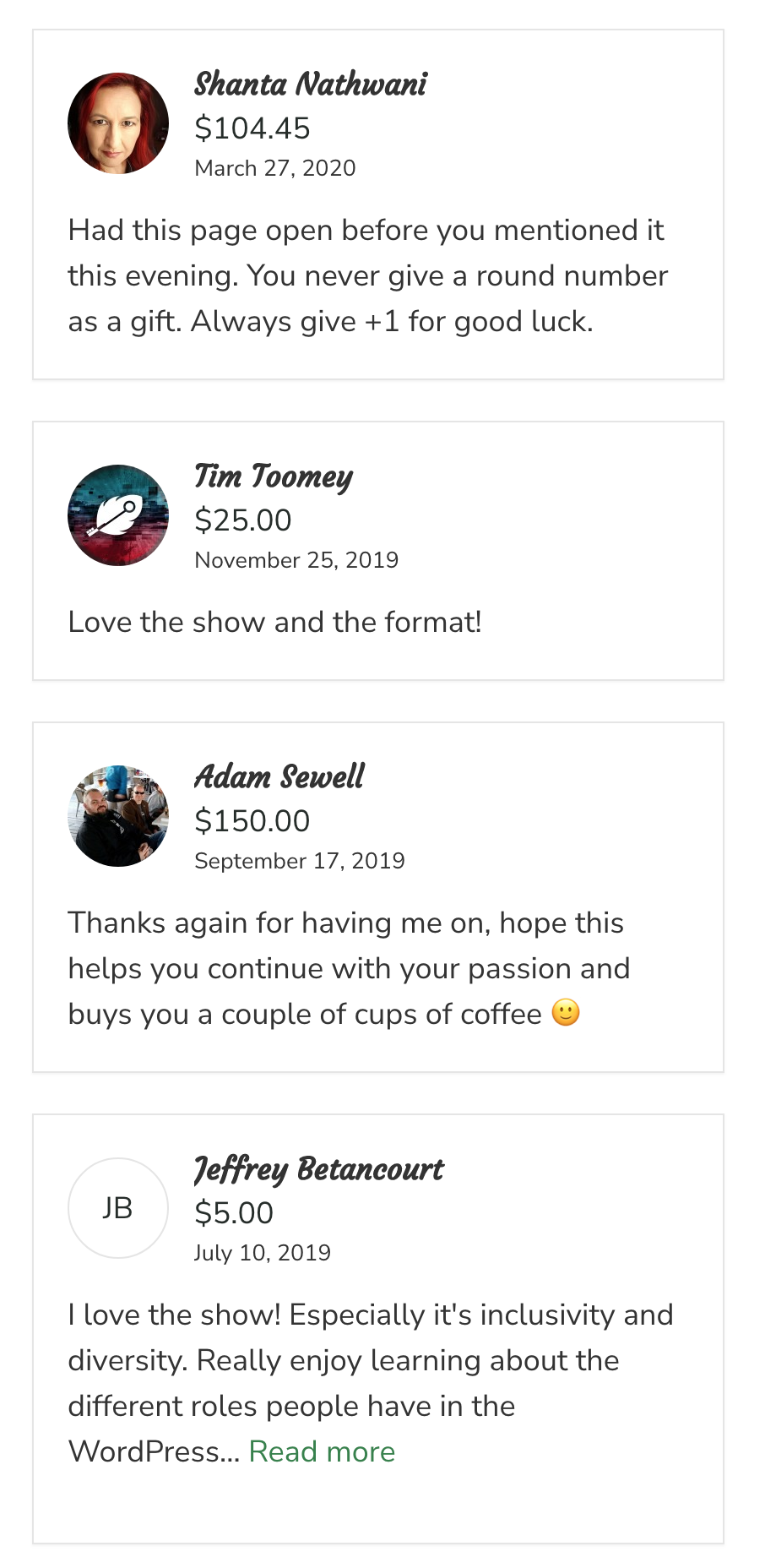 People who tipped on WP Coffee Talk and left comments are shown in a list on the 'donor wall.'