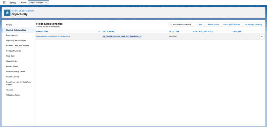 The Opportunity fields and relationships page, showing the custom field isolated with the field name highlighted.