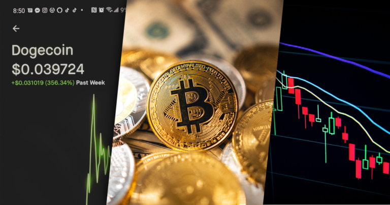 An image of rising crypto valuation, physical coins with the bitcoin symbol and a chart with a lot of volatile movement.