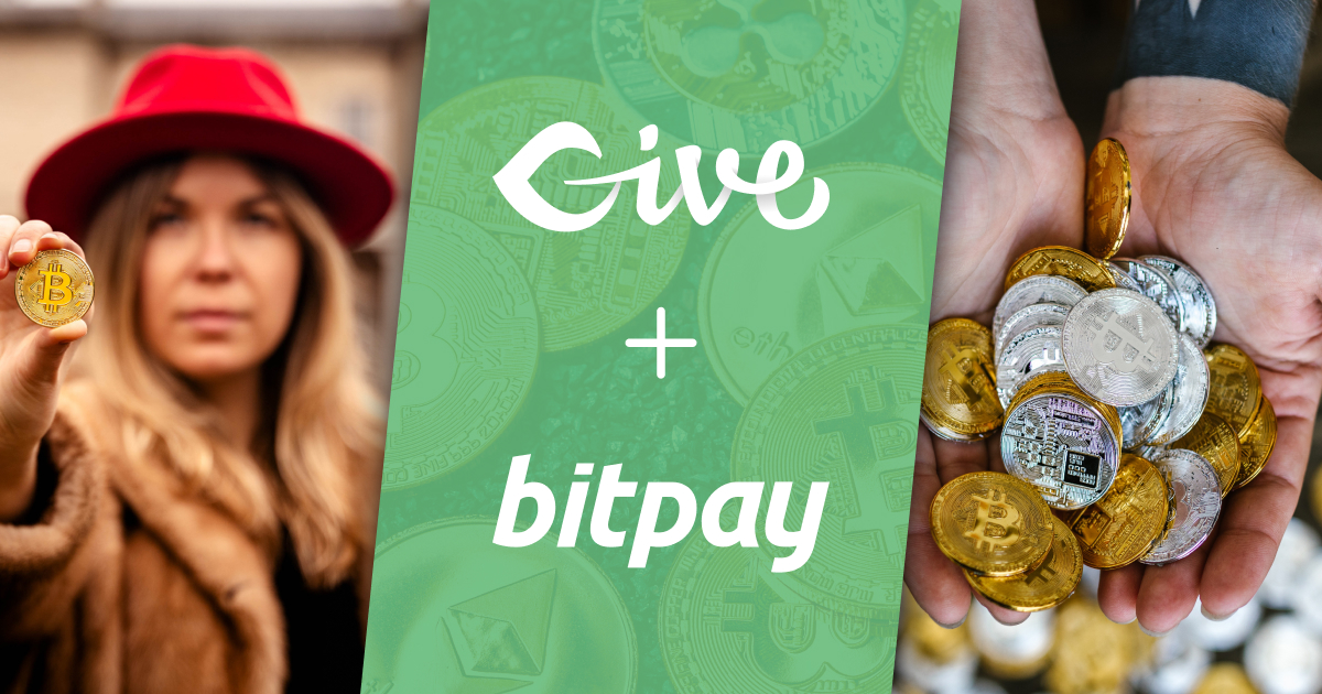 A woman holding a literal coin with the Bitcoin icon on it, the words Give + Bitpay, and hands holding a lot of various physical coins with crypto symbols on them