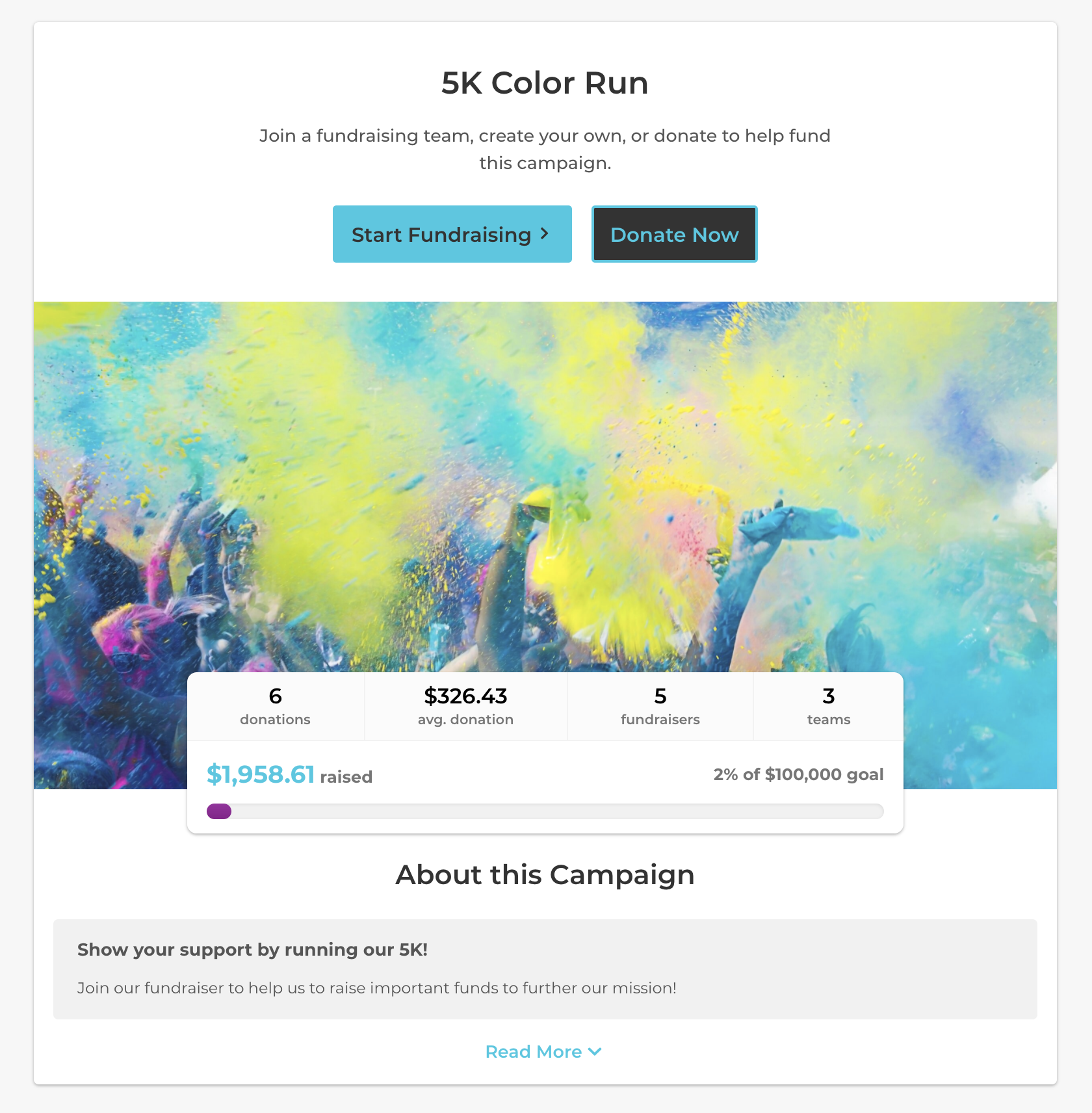 5K color run peer-to-peer landing page.