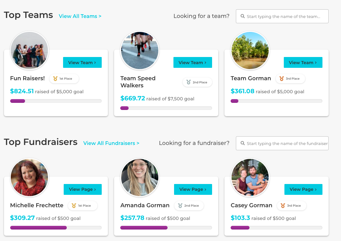 Leaderboards show top teams and fundraisers.