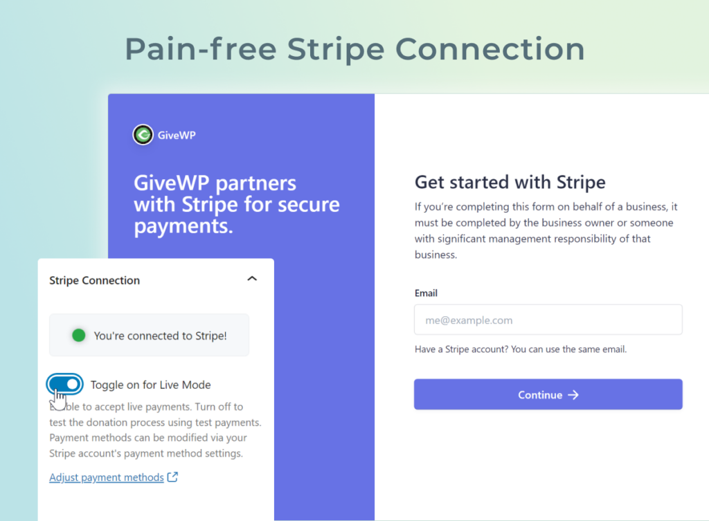 The Stripe Connect portal allows you to authorize you to connect your Stripe account to the donation form by simply logging into your Stripe account.