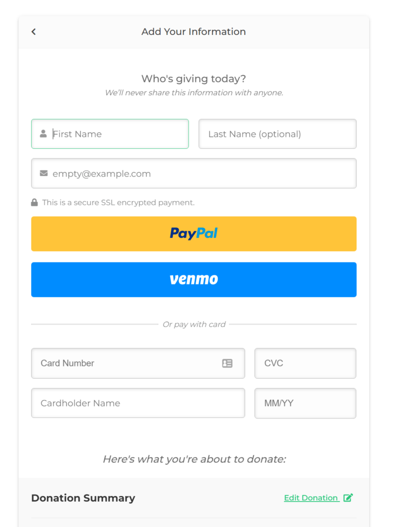 Venmo and PayPal buttons are displayed as payment options for your donors.