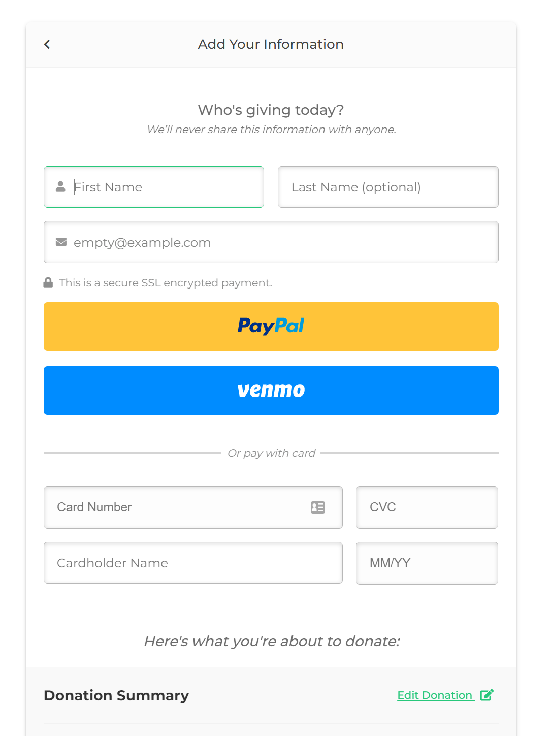 A multi-step form displaying the options to pay with PayPal or Venmo