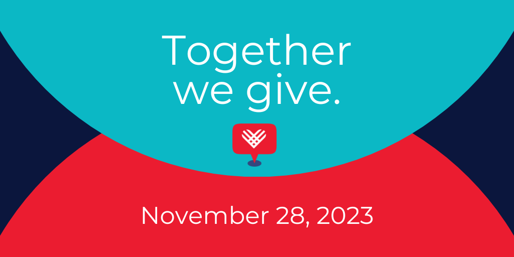 The image is colorblocked to look like an envelope. The text on top reads, "Together we give." There is a Giving Tuesday logo beneath it and then the 2023 Giving Tuesday date, which is Nov 28th, 2023