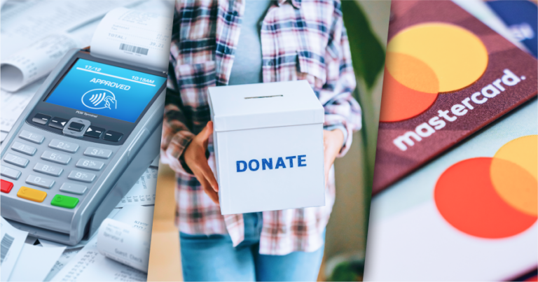 Three side by side images. On the right, a credit card processing machine. In the center, a person holding a white box with an open slot on top that says "donate" on the front. On the right, an image of a Mastercard credit card.