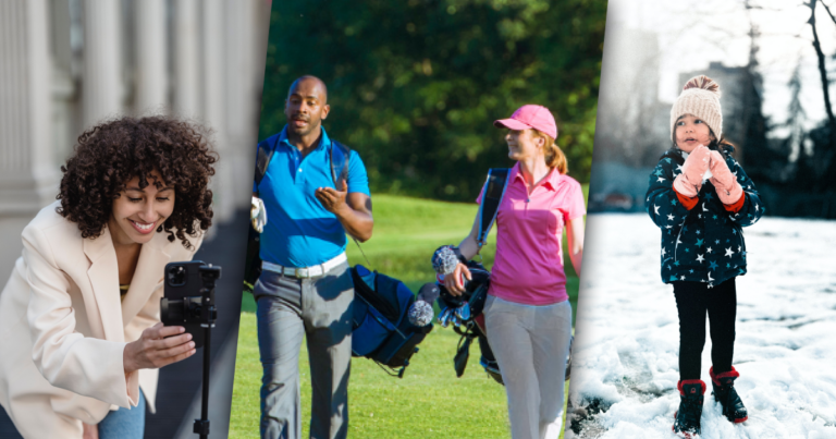 Left: a woman bending over to hit the record button on her phone that is set up in a tripod. Center: Two people carrying golf bags on a golf course. Right: a young girl holding a snowball.