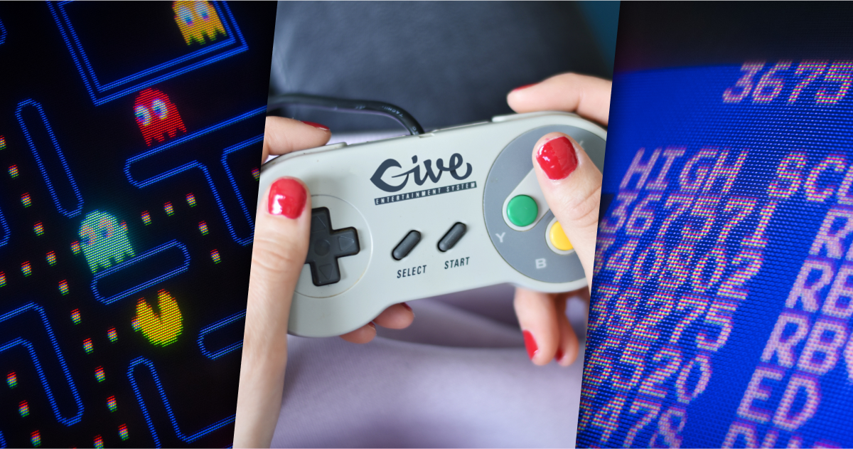 Side by side images of PacMan, someone holding a video game controller, and a high score screen