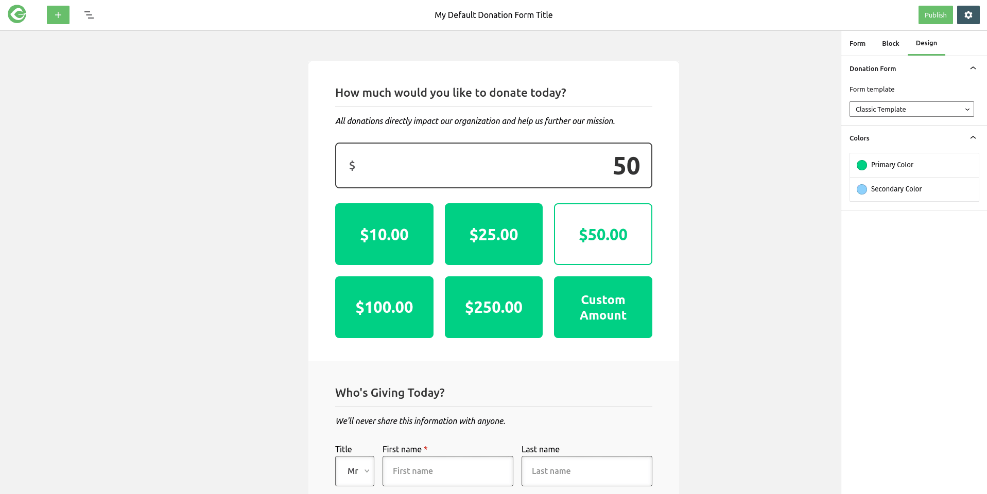 The NextGen Donation Form Builder showing how Design mode works.