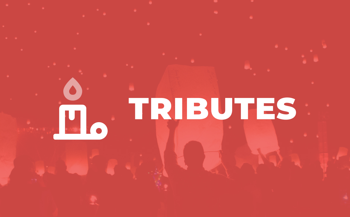 Red background with a candle element with the word tributes.