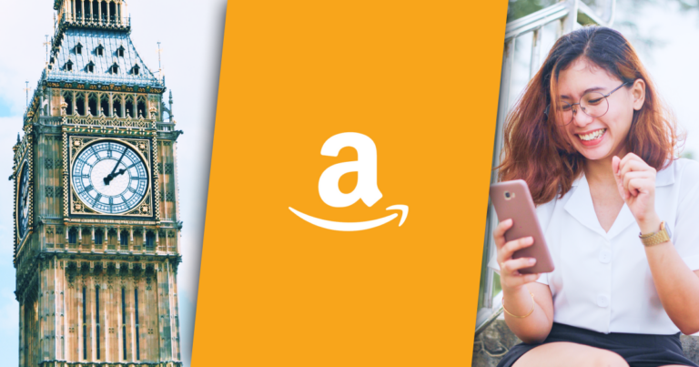 Left: Big Ben. Center: Amazon logo. Right: A person smiling at their phone