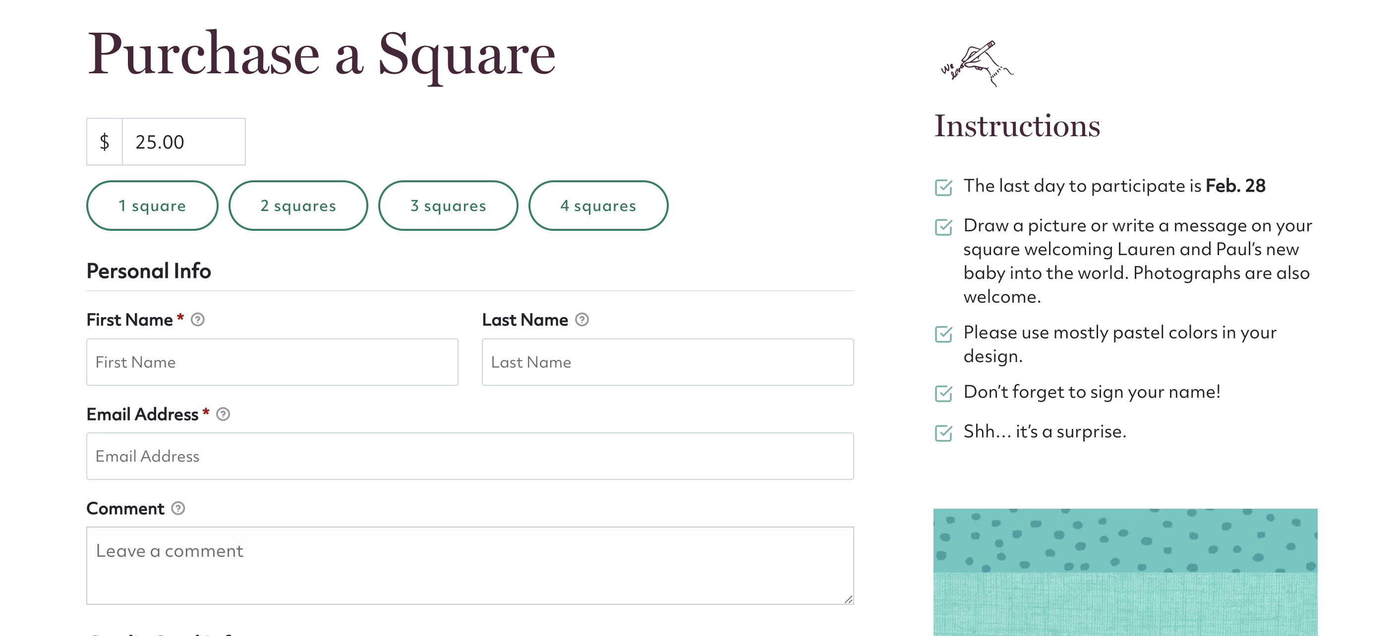 A screenshot of a sample Quiltlove form. It directs the participant to select the number of squares they want to purchase towards the quilt. On the right, there are some instructions including the last day to participate, info on drawing and submitting artwork, and info on the color story