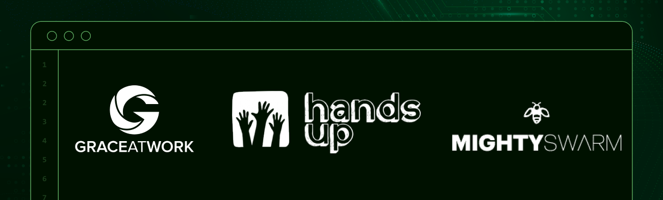 Logos for Hands Up, Grace At Work, and Mighty Swarm