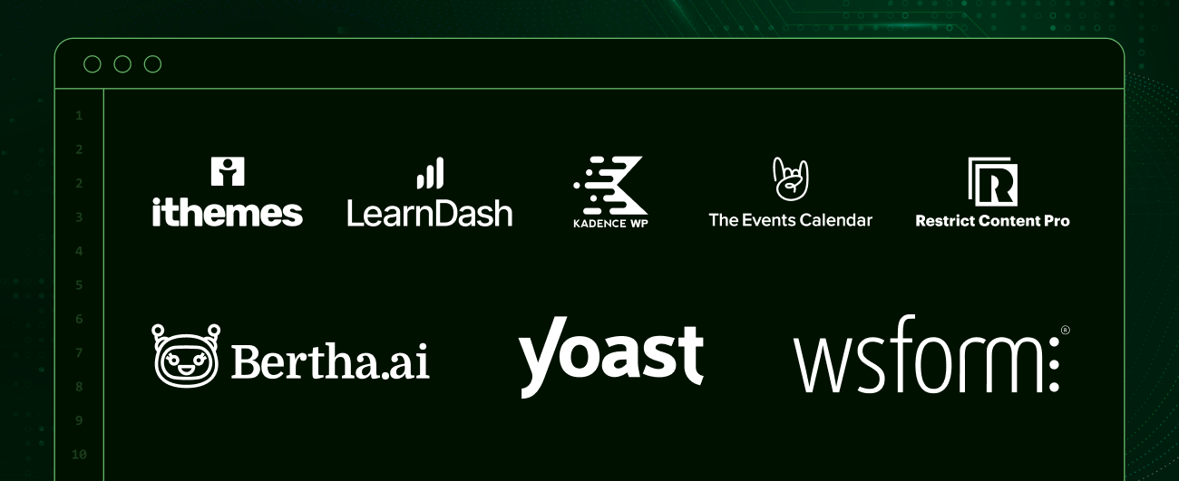 Logos for iThemes, LearnDash, KadenceWP, The Events Calendar, Restrict Content Pro, Yoast, BerthaAI, and WSForm.