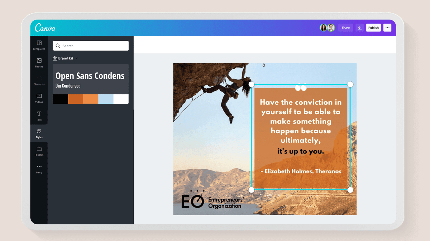 A laptop open to Canva, displaying the Brand Kit for EO. 
