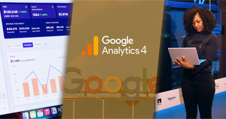 Left: an image of a dashboard with data displayed. Center: The Google Analytics logo. Left: A Black woman standing and looking at the laptop cradled in her arm.