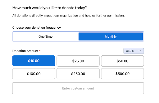 Donor-facing view of a donation form on a website using GiveWP. The form asks, &ldquo;How much would you like to donate today?&rdquo; with a note that donations support the organization&rsquo;s mission. A toggle allows donors to choose between &ldquo;One Time&rdquo; and &ldquo;Monthly&rdquo; donation frequency, with &ldquo;Monthly&rdquo; currently selected. Below, preset donation amounts range from $10 to $500, with an option to enter a custom amount. The $10 option is selected. A currency dropdown is set to USD.