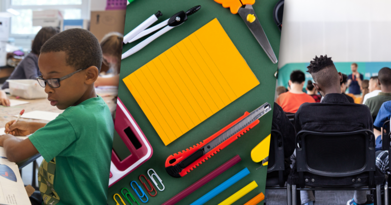 Left: a young child at his desk, pencil in hand, completing school work. Center: various school supplies laid flat on a green background. Right: Rows of students in a classroom listening to the teacher at the front of the room.