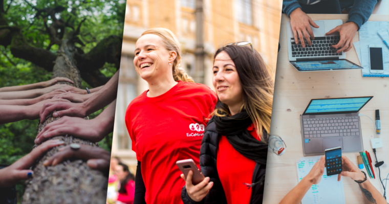 Left: Image of hands going up a tree. Center: A group of people walking in a fundraising walk. Right: Folks working collaboratively on their laptops.