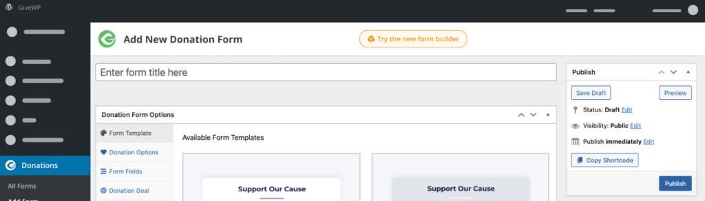 "Try the new form builder" button in the Donation Form editor