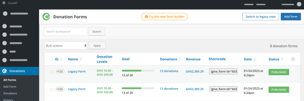 "Try the new form builder" button in the Donation Forms list page