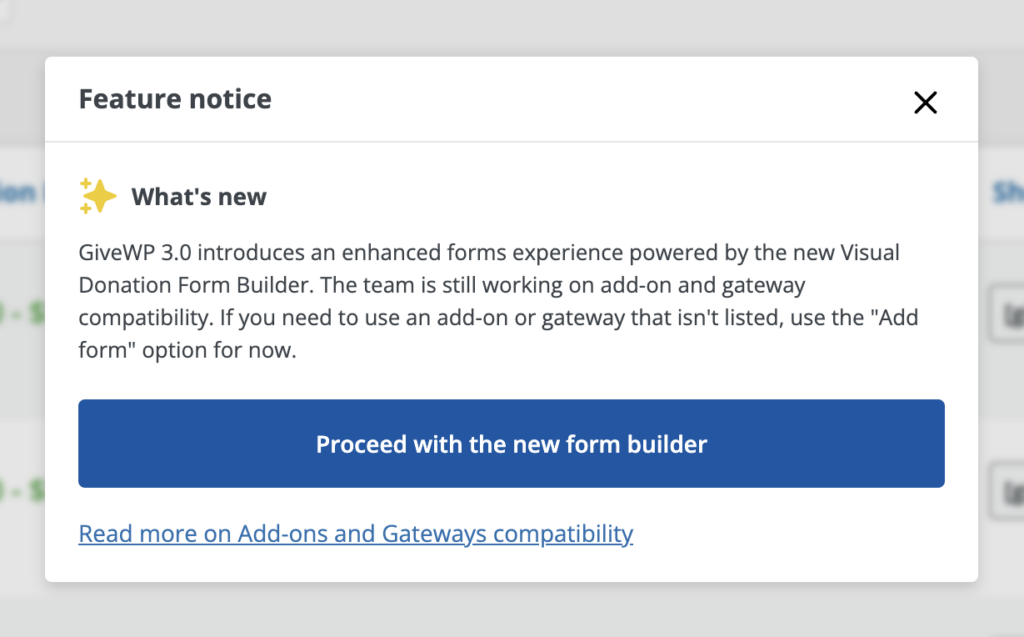 Feature notice modal explains what's new in GiveWP 3.0, has "Proceed with the new form builder" button.