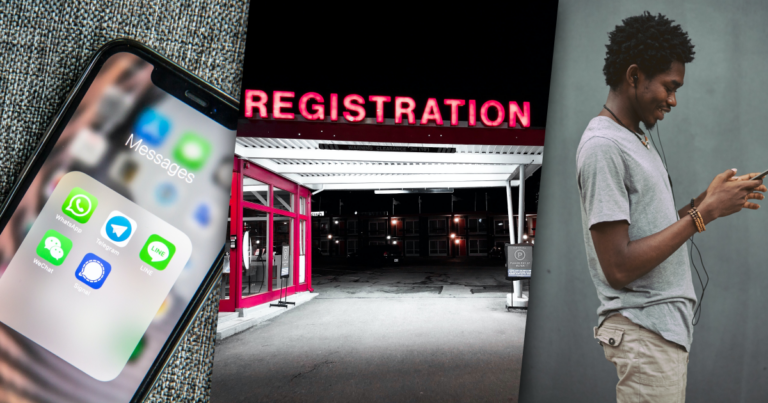 Left: Messaging apps on a phone. Center: Registration area. Right: A person texting on their cell phone.