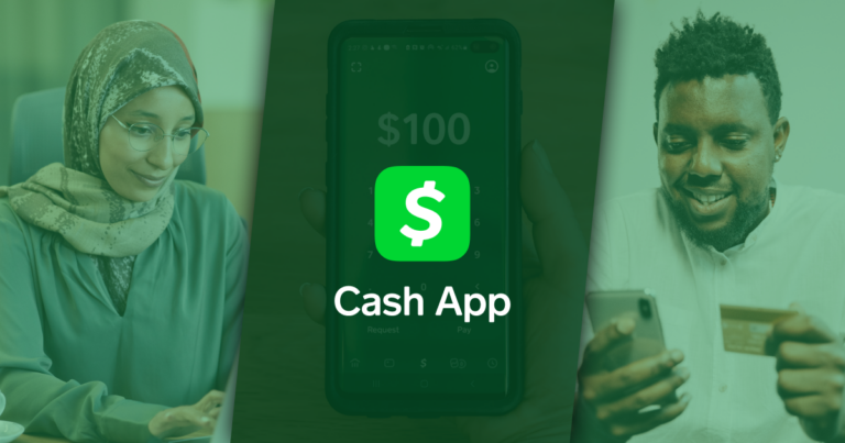 Left: A woman wearing a hijab and glasses looks down at her laptop screen with her hands poised over the keyboard. Center: A cellphone displaying the UI for Cash App with the Cash App logo imposed on top. Right: A man holding his credit card in one hand and his phone in the other. The entire image has a translucent shade of green over top.