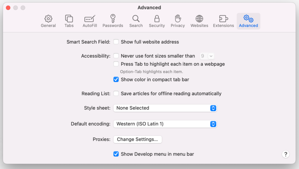 The advanced settings for the Safari browser