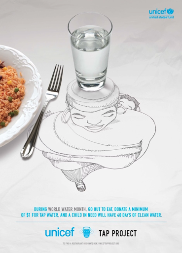 An image of tap water sitting on a paper table cloth. The glass of tap water is sitting on top of a drawing of a woman that is walking. It is 3D like, giving the impression that the woman is walking with a glass of water on top of her head. The text below reads: During World Water Month, go out to eat, donate a minimum of $1 for tap water and a child in need will have 40 days of clean water. 