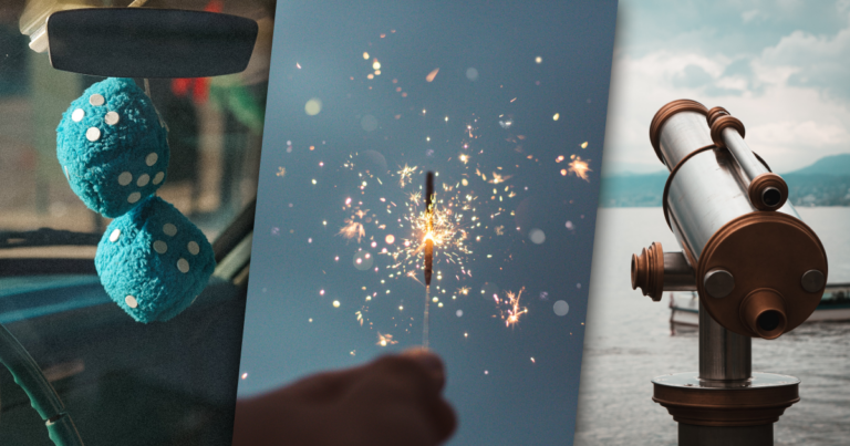 left image: a rearview mirror. center: a sparkler right: a telescope