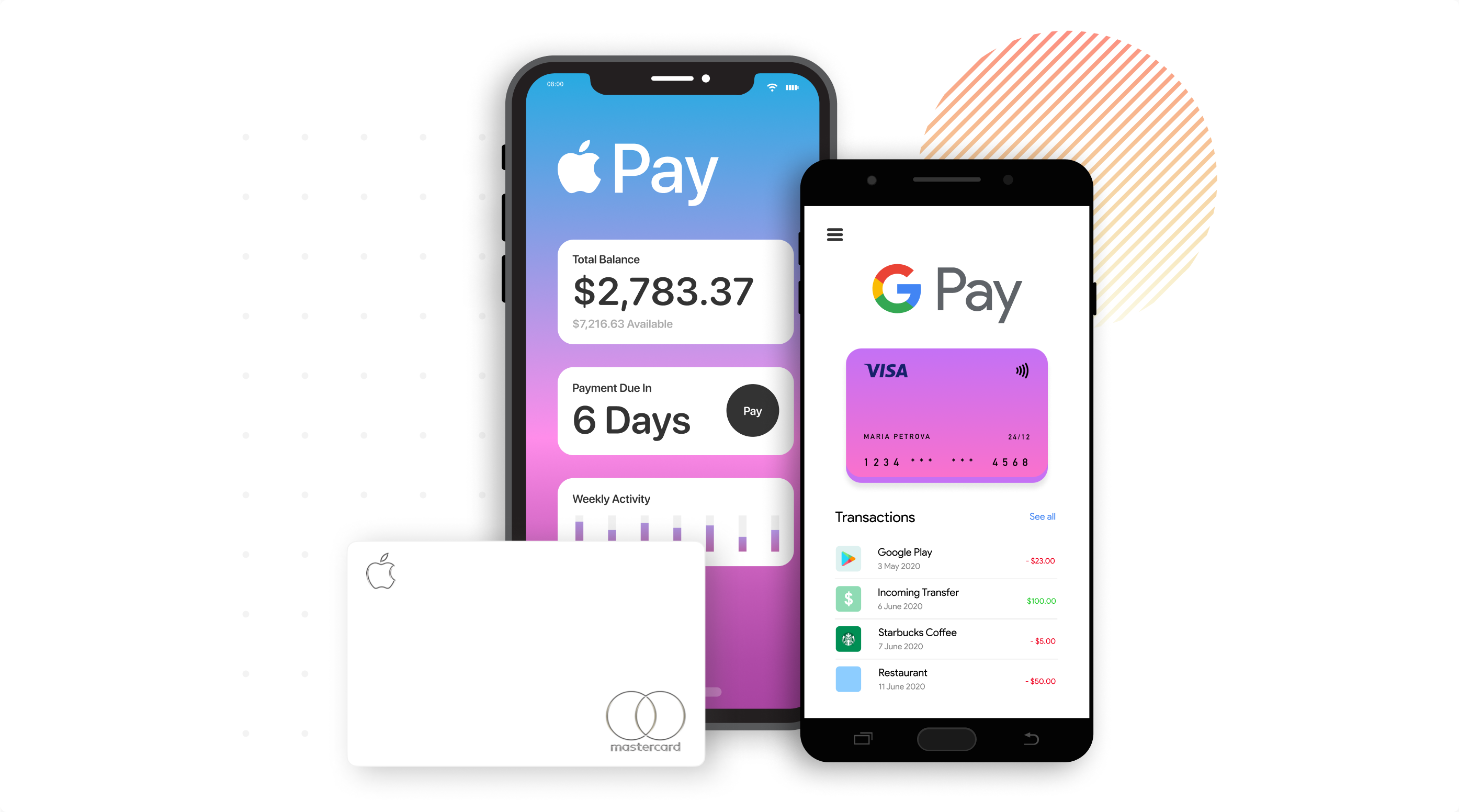 Phones displaying the options to pay with Apple Pay or Google Pay