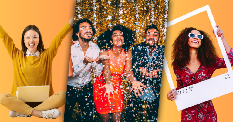 Three images in a row. Left: A woman sitting with her laptop and her arms raised victoriously in the air. CenterL three people throwing confetti in the air and celebrating the new year. Right: A woman in a red dress with a print holding a frame in front of her like she's in an Instagram post.
