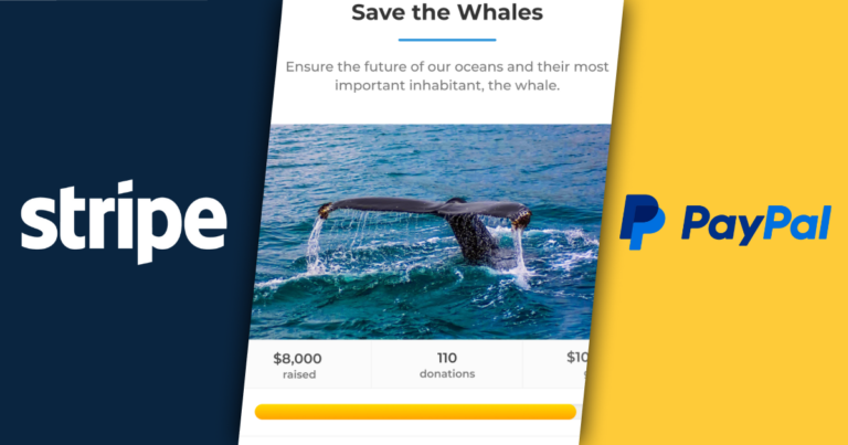 Left: The Stripe logo. Center: Save the Whales donation form. Right: PayPal logo
