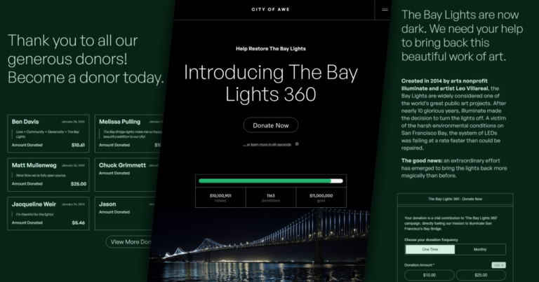 Left: The Donor Wall. Center: The home page introducing the Bay Lights project. Right: the donor form.
