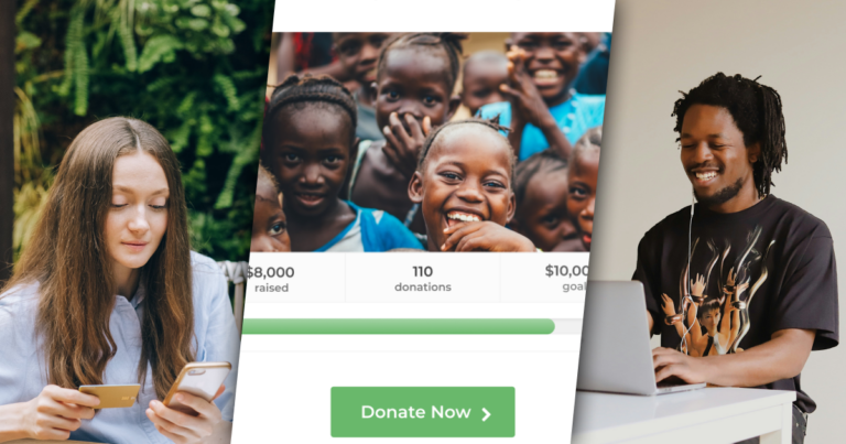 Three images in a row. Left: Woman making a purchase on her smartphone. Middle: Donation form block with Donate Now button and featured image of children. Right: Man using a laptop and headphones.
