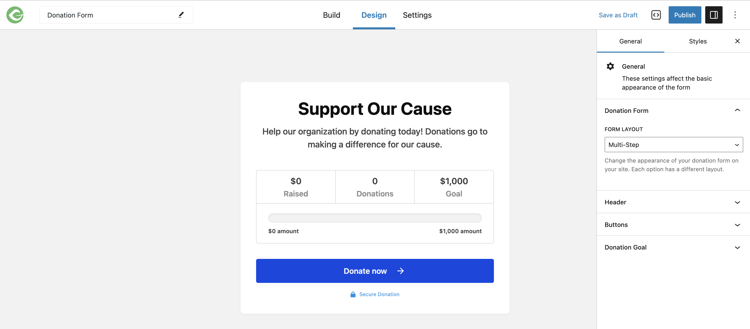 Design screen in the Visual Donation Form Builder showing an example multi-step form and general form settings on the right sidebar 