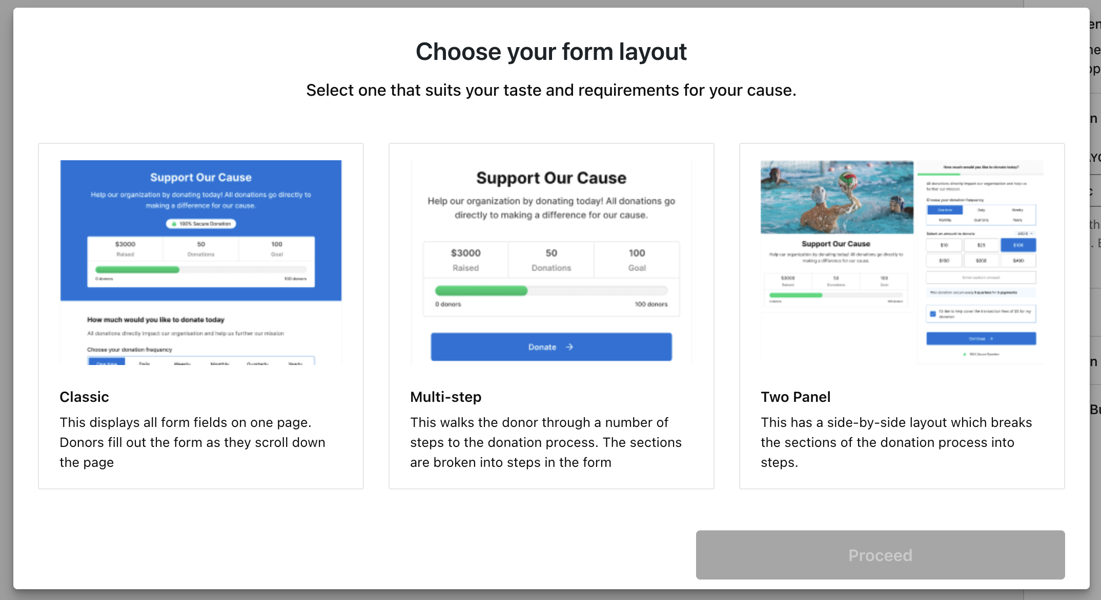 Choose your form layout screen in the Visual Donation Form Builder with Classic, Multi-step, and Two Panel options 