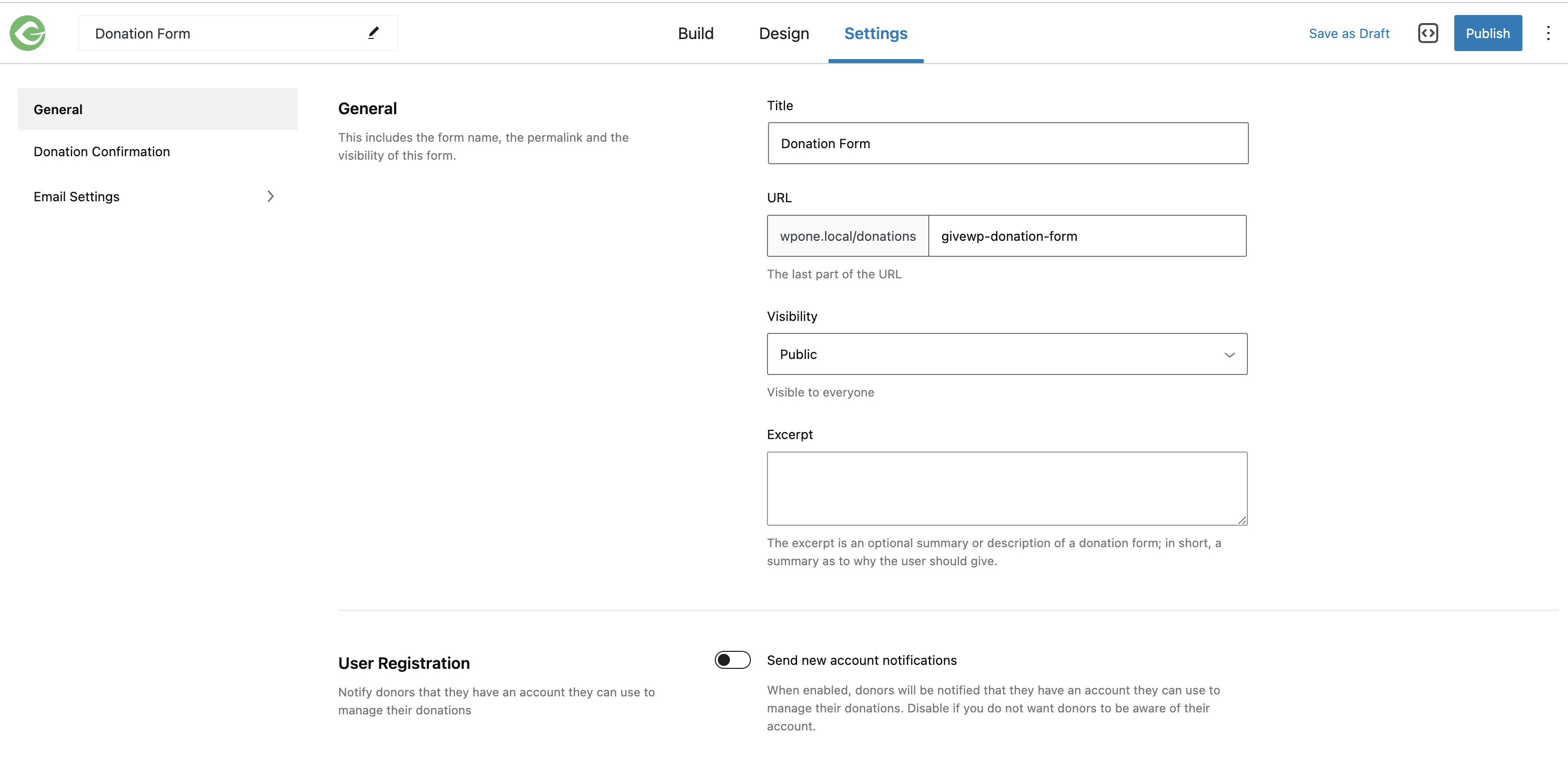 Additional settings in the Settings tab of the Visual Donation Form Builder
