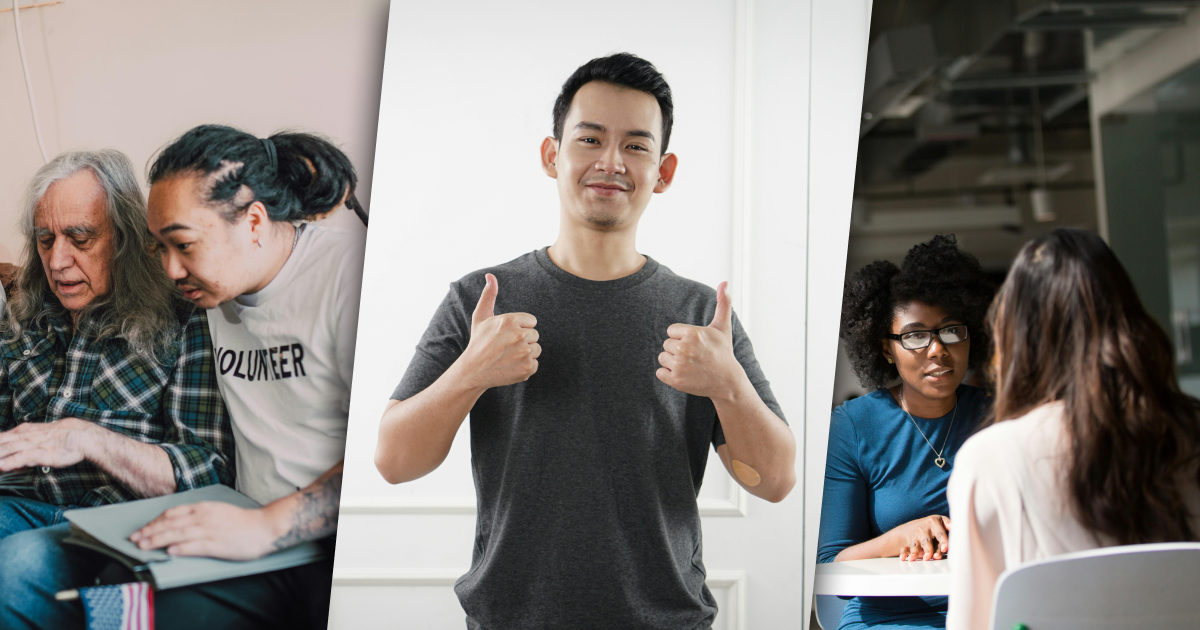 Three images in a row. Left: two men sitting together. Middle: Man with two thumbs up. Right: Two women sitting at a table and talking.