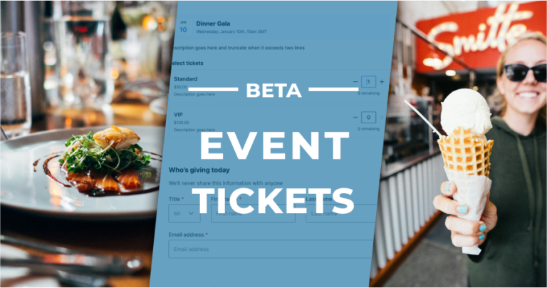 Event Tickets Beta. Left Image is a plated dinner at a fancy gala. Right is a woman holding an ice cream cone at an ice cream party.