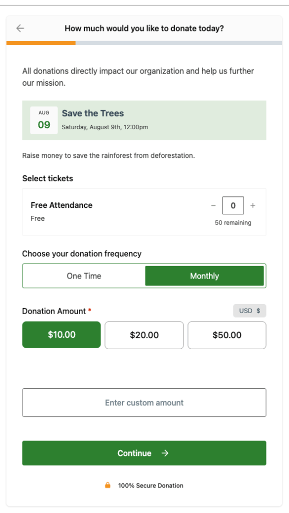 A live donation form has the event details and available tickets