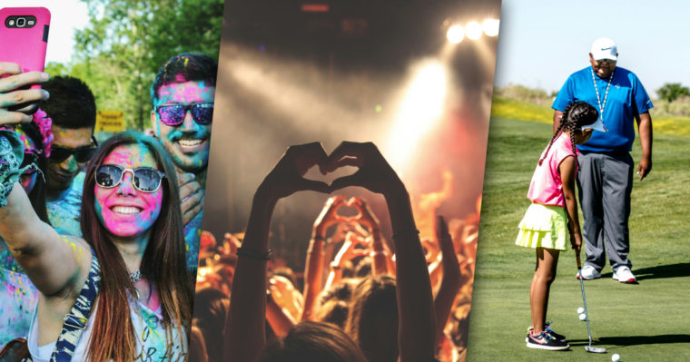 three images in a row. left: group of people taking a selfie at a marathon. middle: people holding up hearts with their hands at a concert. right: father and daughter golfing