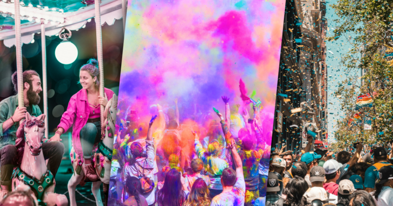 three images in a row. left: man and woman on carousel ride. middle: marathon runners with paint. right: street festival in a city with confetti and flags.