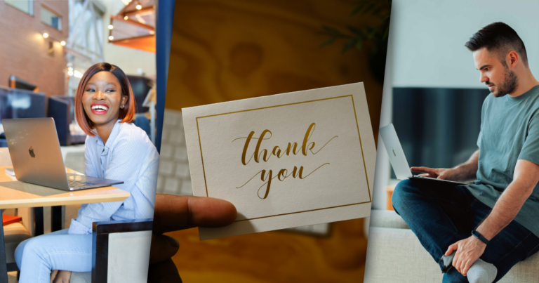 three images in a row. Left: smiling woman sitting at a desk with a laptop. Middle: thank you card. Right: man sitting on couch using a laptop.