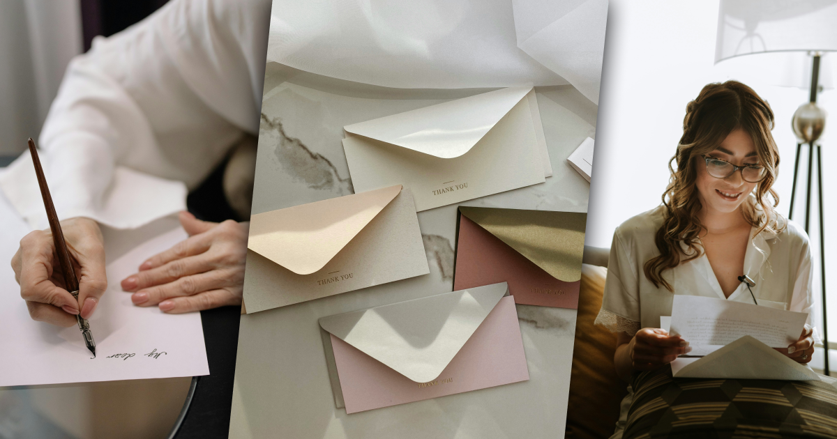 Three images in a row. Left: person writing with a pen on paper. Middle: Four thank you letters. Right: Woman reading a letter and smiling.